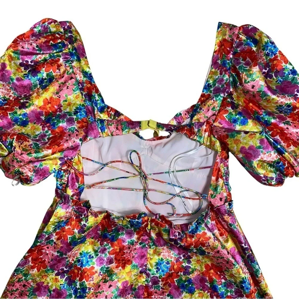 For Love & Lemons Vibrant Floral Merrill Puff Sleeve Mini Dress Womens L